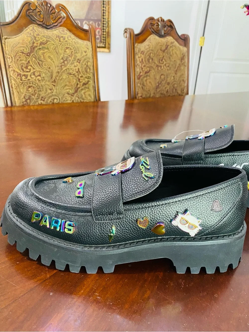 Karl Lagerfeld Black Loafers with Iridescent Multicolor Charms